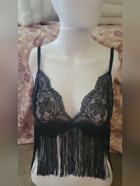 Victoria's Secret 2-Piece Black Lace Fringe Lingerie Set Size Large